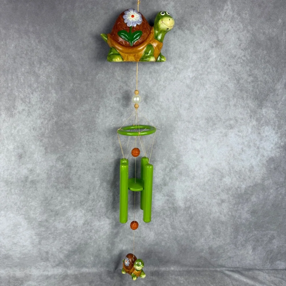 Vtg Ceramic Turtle Wind Chime Hanging Flower Garden Decor Chimes Whimsy Bohemian